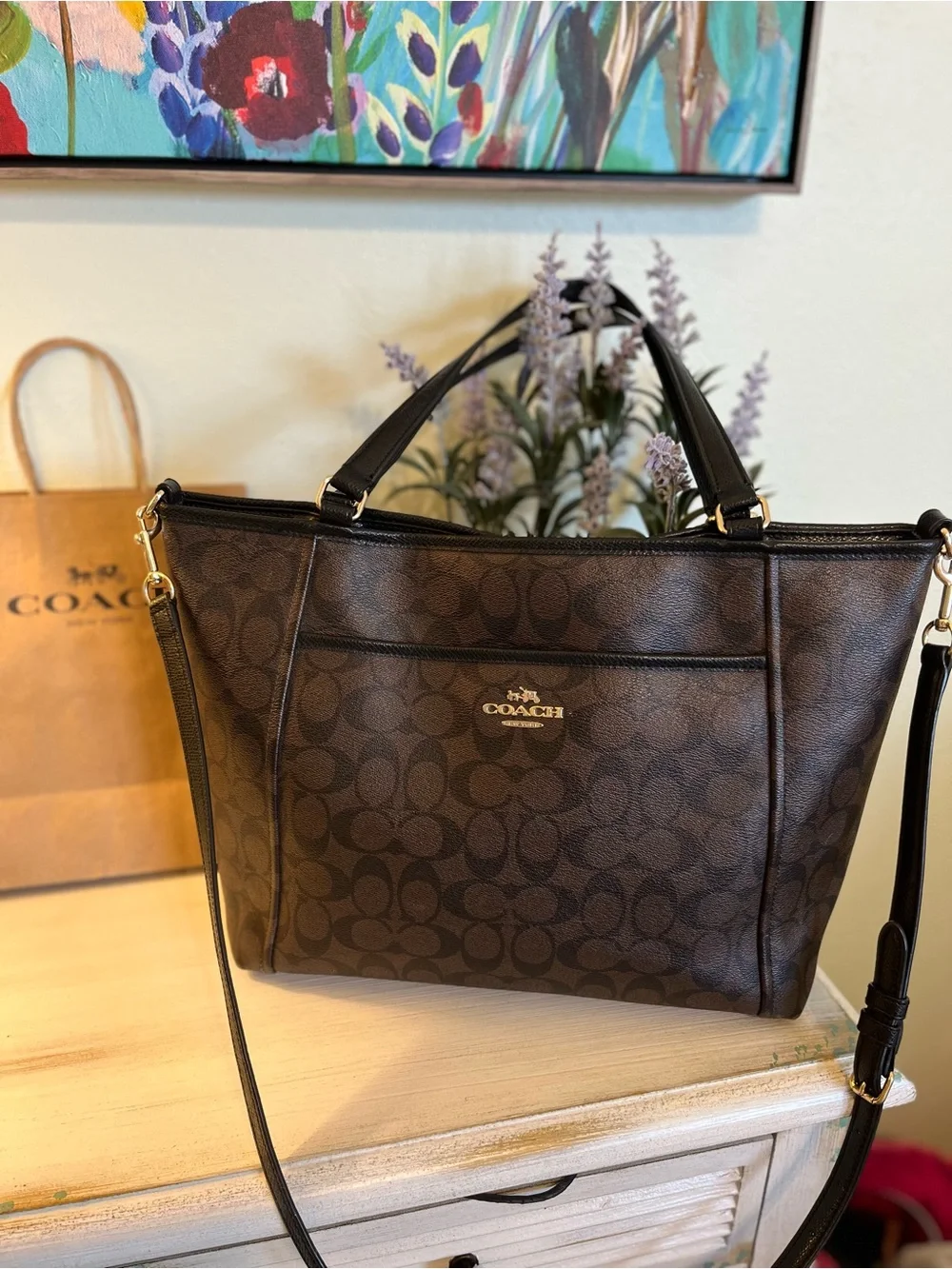 Coach Peyton Signature Pocket Tote Bag Brown w/ Black